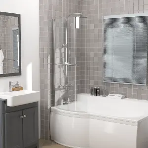 Rinse 1400x715mm 6mm Curved Toughened Safety Glass Pivot Bath Screen Panel for P-Shaped Bath Chrome with Towel Rail