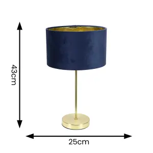 ValueLights Charles Gold Stem Table Lamp with Navy Blue Velvet with Gold Inner Lamp Shade and LED Bulb