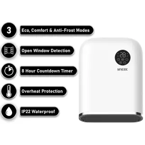 MYLEK Bathroom Heater 2KW Downflow with Thermostat, LED Display and Timer