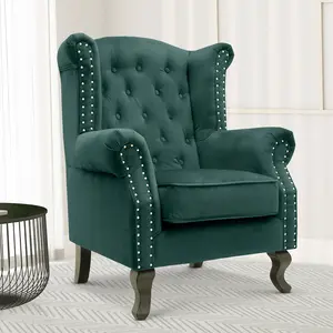 Velvet Wing Back Fireside Henley Chair Armchair with Buttons Bottle Green