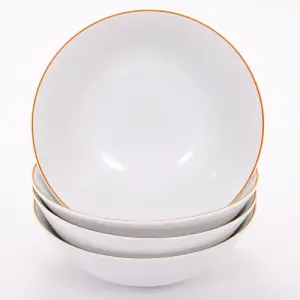 Set of 4 White Ceramic Dinner Bowls with Elegant Orange Rim - Durable & Stylish