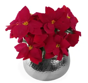 Artificial Christmas Xmas Poinsettias Silver Curve Large Metal Planter