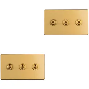 2 PACK 3 Gang Triple Retro Toggle Light Switch SCREWLESS SATIN BRASS 10A 2 Way