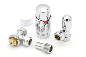 Chrome Angled Thermostatic Radiator Valve TRV and Lockshield Twin Pack for Heated Towel Rail