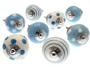 MangoTreeKnobs - Mixed Set of 8 x Light Blue and White Spots and Stripes Ceramic Cupboard Knobs (MG-739)