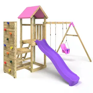 Rebo Wooden Climbing Frame with Vertical Rock Wall, Swing Set and Slide - Rainier+ Pink