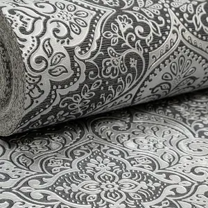 Arthouse Charcoal Black Silver Grey Damask Wallpaper Shimmer Metallic Vinyl