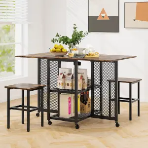 Costway 3 Set Foldable Dining Table 2 Stools Drop Leaf Extending Dining Table w/ Lockable Wheels