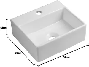 Square Wall Hung Basin, Compact Ceramic Wash Basin Bathroom Sink, Wall Mounted Countertop Sink for Cloakroom-340x290x115mm, White