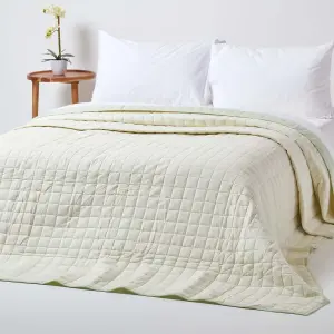 Homescapes Cotton Quilted Reversible Bedspread Sage Green & Cream, 230 x 250 cm