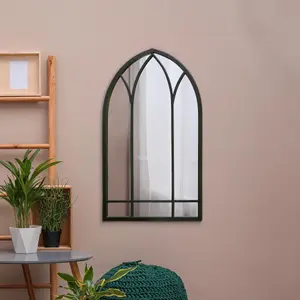 MirrorOutlet Window Arcus Black Metal Framed Arched Wall Mirror 32" X 19" (83CM X 48CM)