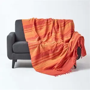 Homescapes Cotton Morocco Striped Terracotta Throw, 225 X 255 cm