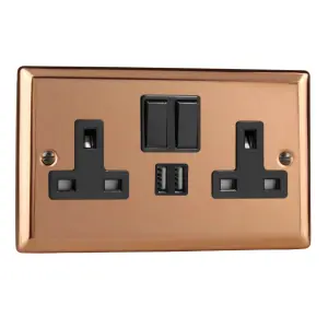 Varilight 2-Gang 13A Single Pole Switched Socket + 2x5V DC 2100mA USB Charging Ports  Polished Copper