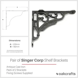 Oakcrafts - Pair of Antique Cast Iron Singer Corp Shelf Brackets - 180mm x 200mm