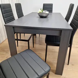 Dining Table and 6 Chairs  Black Dark Grey 6 Black Leather Chairs Wood Dining Set Furniture