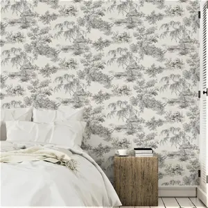 Grandeco French Vintage Toile Trees  Smooth Wallpaper, Grey