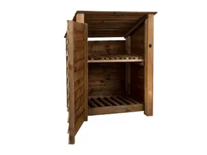 Wooden log store (roof sloping back) with door and kindling shelf W-99cm, H-126cm, D-88cm - brown finish