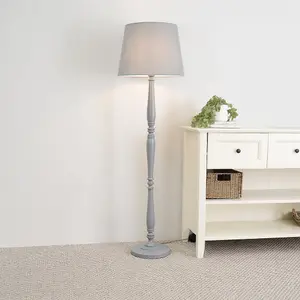 ValueLights Victoria Traditional White Wood Candlestick Floor Lamp with Grey Tapered Shade