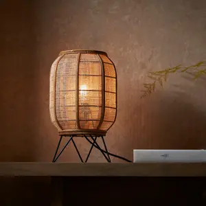 Luminosa Zaire Complete Table Lamp, Natural Linen, Natural Bamboo, Matt Black