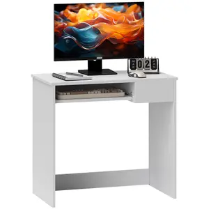 HOMCOM Compact Computer Table w/ Keyboard Tray Drawer Study Office Work, White