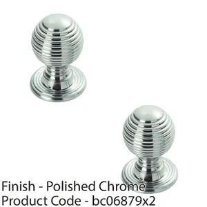 2 PACK - Reeded Ball Door Knob - 35mm Polished Chrome Lined Cupboard Pull Handle & Rose