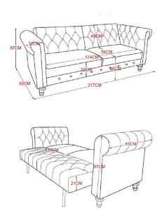 Calgary Velvet Sofa Bed Chesterfield Style 3 Seater Sofa Button Design, Dark Grey