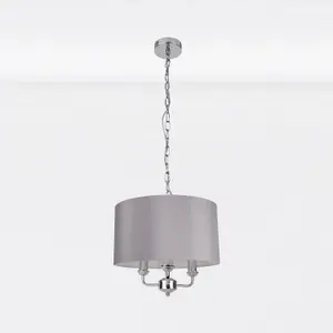 First Choice Lighting Pair of 3 Light Chrome Pendant Chandelier with Grey Fabric Shade