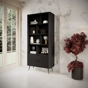 Lante Modern Black Bookcase 880mm H1940mm D380mm with Eight Open Compartments and Two Drawers