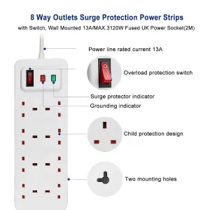 Extrastar 8 Gang Switched Surge-Protected Extension Lead 5m White, 13A