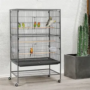 Yaheetech Black Metal Rolling Bird Cage with 3 Perches & 4 Feeders & Storage Shelf