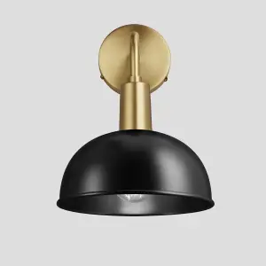 Industville Sleek Dome Wall Light, 8 Inch, Black, Brass Holder