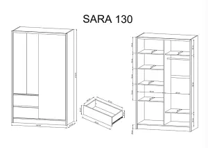 Sara Mirrred Wardrobe 130cm with Drawers in White and Oak Sonoma