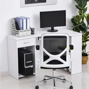 HOMCOM L-Shaped Corner Computer Desk w/ 2 Shelves Worktop Keyboard Tray White