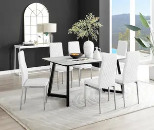 Furniturebox UK Carson White Marble Effect Dining Table & 6 White Milan Chrome Leg Chairs