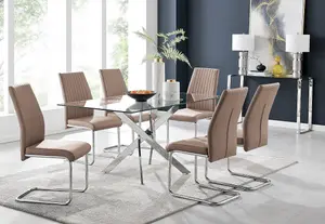 Furniturebox UK Leonardo Glass And Chrome Metal Dining Table And 6 Cappuccino Beige Lorenzo Leather Chairs