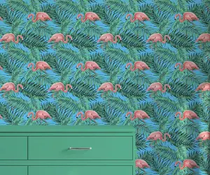 Bobbi Beck eco-friendly blue tropical flamingo wallpaper