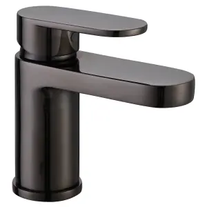 Black Compact Cold Start Eco Round Mono Basin Mixer Tap + Clicker Waste WRAS