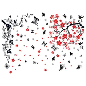 Walplus Blossom Flower with Butterfly Wall Sticker Art Decoration Decal DIY Black, Red PVC