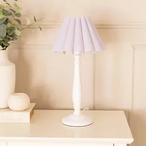 ValueLights Victoria White Wood Candlestick Stem Table Lamp with Lilac Scallop Tapered Lamp Shade and LED Bulb