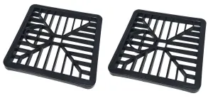 Pack of 2 Square Gulley Grid Drain Cover Grate Lid. Heavy Duty PVC. 150mm x 150mm / 6 Inch. Black