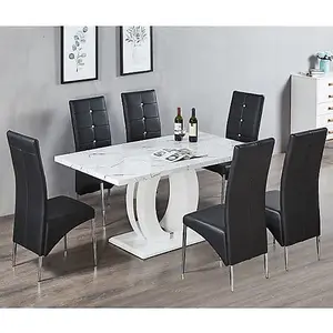 Furniture in Fashion Halo Vida Marble Effect Dining Table With 6 Vesta Black Chairs