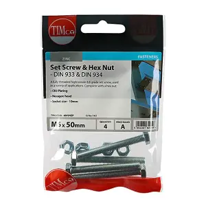 Timco - Set Screws & Hex Nuts - Grade 8.8 - Zinc (Size M6 x 50 - 4 Pieces)