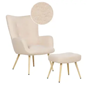 Wingback Chair VEJLE with Footstool Boucle Beige