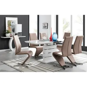 Renne Modern High Gloss Extendable Dining Table Set With 6 Modern Design Faux Leather Dining Chairs Cappuccino Beige