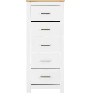 Portland 5 Drawer Narrow Chest in White with Oak Effect Finish