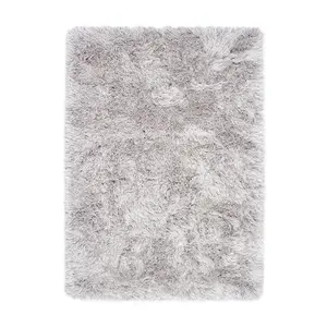 Silver Shaggy Luxurious Modern Plain Easy to Clean Bedroom Dining Room And Living Room Rug -60cm X 120cm