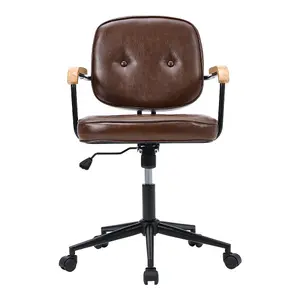 Brown PU Leather Ergonomic Office Chair with Wood Armrests