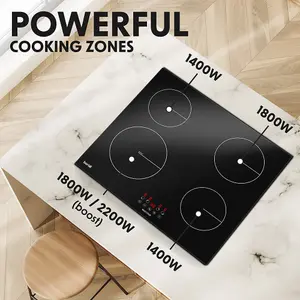 60cm 6800W 4 Zone Electric Induction Cooktop - Premium Black Glass Touch Control