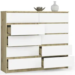 Sideboard, Chest Of Drawers 10 Drawers, Contemporary Chest Of Drawers, Modern Living Room Furniture 121 x 120 x 40 cm Natural Oak/White