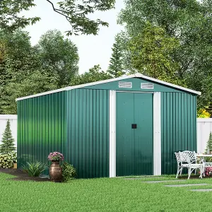 10 x 8 ft Metal Shed Garden Storage Shed Apex Roof Double Door with Base Foundation,Dark Green